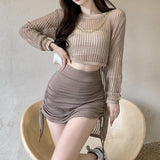 Yipinpay Women Knit Hollow T-shirts Solid Color Loose Irregular Hem Long Sleeve Sexy Mesh Tops Streetwear Transparent Shirt for Women