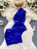 Yipinpay One-shouldered PU Leather Bodysuits Women Slim Backless Sexy Bikini+Short Skirt Sets Fashion Solid Beach Playsuits