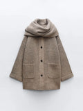 Yipinpay Loose Knit Coat With Scarf Women Chic Round Neck Long Sleeved Pockets Jacket Single Breasted Autumn Winter Lady Outwear