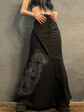 Yipinpay Gothic Mermaid Skirt Long Women Vintage Chinese Dragon Print High Waist Lace Up Slim Goth Black Maxi Skirt Streetwear