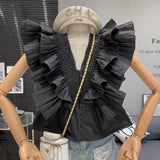 Yipinpay Red V Neck Blouse Layered Ruffled Sleeveless Chiffon Shirt Waist Design Crop Top Femme Shirts for Women Blusas White Flying