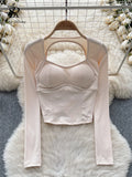 Yipinpay Women Sporty Tops Square Collar Long Sleeve Backless Kink With Chest Pad Slim Fit American Streetwear Sexy Mini Blouse