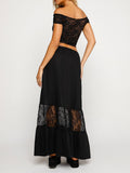 Yipinpay Fashion Womens Two Piece Summer Outfits Off Shoulder Short Sleeve Lace Crop Tops And Long Skirt Set Beachwear S M L