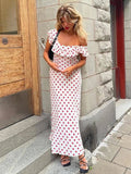 Yipinpay MO 2023 Polka Dot Ruffles Bandage Maxi Dress Women Off Shoulder Slim Elegant Party Dress Summer Beach Holiday Sundresses