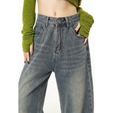 yipinpay Blue High Waist Women Jeans American Fashion Streetwear Wide Leg Jean Female Winter Trouser Straight Baggy Denim Pants