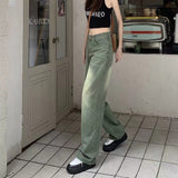 Yipinpay Green Baggy Jeans For Women American Fashion Y2k Streetwear Straight High Waist Slimming Loose Wide Leg Mop Pants