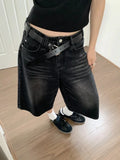 Yipinpay Black Low Waist Washed Denim Short Pants Women Retro Fashion Casual Loose Fit Y2K Streetwear Wide Leg Jeans 2024 Summer