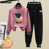 Yipinpay Women's Fashion Plush Sweater Tracksuits 2 Piece Set 2024 Winter Warm Loose Fake Two-piece Pullover Top + Pants Sportswear Suit