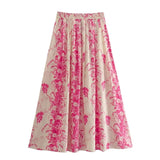 Yipinpay Print Long Skirts For Women Fashion 2023 Pink Floral Skirt Woman Fashion High Waist Midi Skirt Sets Pleated Summer Skirts