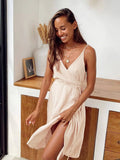 Yipinpay Spaghetti Strap Sexy Summer Sundress Lace-Up Women Wrap Dress Home Wear Casual V-Neck Night Dress Sleepwear Female