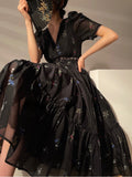 Yipinpay Black Floral Midi Dress Women Short Sleeve French Elegant Dress Beach 2023 Summer Casual Korean Evening Party Dress