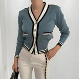 Yipinpay Neck Knitted Cropped Cardigan Contrast Single Breasted Striped Sweater Korean Fashion Cardigan Mujer Coat Feminino Sueter