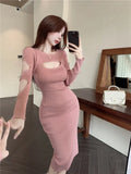 Yipinpay Girl O-Neck Long-sleeved Dress Women's Autumn/Winter Hollow Out Slim Fit Sexy Wrapped Hip Knitted Dress Female Clothes