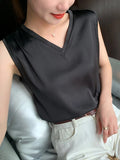 Yipinpay Summer Plus Size Women's Blouse Sleeveless Suspenders V-neck Loose Casual Fashion Vest Women Satin Silk Top Bottoming Shirt