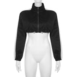 Yipinpay Fashion Women Cropped Jacket Long Sleeve Turn-Down Collar Contrast Color Zipped Outwear For Casual Daily Street Style