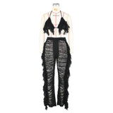 Yipinpay Women's Sexy Solid Color Fringe Knitted Halter Cup Cover And Cutout Trousers Two-Piece Set Summer Fashion Trend Trouser Suit