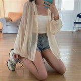Yipinpay for Women Blouse Long Sleeve Top Female Chiffon Loose Cardigan Thin Sexy Solid Color Casual Shirt