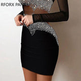 Yipinpay Women Elegant Rhinestone Decor Sheer Mesh Bodycon Dress