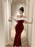 Yipinpay Mermaid Dresses Women Slash Neck Off Shoulder Patchwork Sleeveless Sexy Velvet Party Dress Elegant Ladies Backless