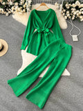 Yipinpay Winter Casual Two Pieces Suits Long Sleeve Knitted Cardigan Coat+Elastic Waist Wide Leg Pant Female Loose Sweater Sets