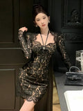 Yipinpay Woman Dress Lace Patchwork Long Sleeve Slash Neck Elegant Slim French Style Chic Party Clubwear Mini Dresses Ladies