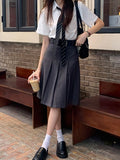 Yipinpay Vintage Y2k Pleated Skirt Women Preppy Style Autumn Korean Fashion High Waist Knee Length A-line Skirt 90s Aesthetic