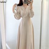 Yipinpay Puff Sleeve A-line Dress Solid Color Chic Midi Blue Black Robe Elegant Korean Office Dresses Summer Maxi Spring Retro 920