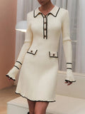 Yipinpay Lapel Contrast Mini Dress Ladies High Waist Autumn Ribbed Patchwork Long Sleeve Dress Fashion Elegant Ruffled Knit Dress