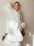 Yipinpay Feather Cuffs Pants Sets Of Two Fashion Pieces For Women Sleepwear Notched Shirts And Wide Leg Pant Homewear Outfits