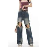 yipinpay Women's Ripped Jeans Summer New Y2K Vintage Straight Baggy High Waist Streetwear Pants Femme Wide Leg Jeans Blue Denim Trouser
