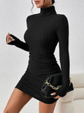 Yipinpay 2024 Y2k Sexy Black Mini Dress Women Alt Urtleneck Long Sleeves Sheath Dress Elegant Casual Solid Party Dresses Female