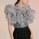 Yipinpay Puff Sleeve Black Polka Dot Shirt Women Vintage Blusa Bow Lace Up Lantern Sleeve Transparent Shirt New Blouse Top 2023