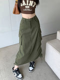 Yipinpay Grunge Cargo Skirt Long Women Acubi Fashion High Waist Drawstring Vintage Y2k Pocket Patchwork A-line Skirt Streetwear
