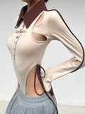 yipinpay Long Sleeve Top Women Hollow Out Body Bodycon Basic Overalls Women Clothes Button Up Streetwear Patchwork Bodysuits