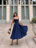 Yipinpay Sexy Women Corset Style Low Waist Midi Sling Dress Vintage Navy Blue Female Party Robe