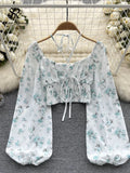 Yipinpay Summer French Style Print Short Blouse 2024 Long Sleeves Elastic Beach Top Women Fashion Backless Ruched Floral Blouse
