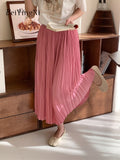 yipinpay Summer Pleated Midi Skirt Women Solid Color Elegant Lining A-line Long Faldas Female Slim Chic Cute High Waist Skirts
