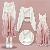 Yipinpay Women's fashion cut-out sweater+suspender Skirt two-piece set Korean Elegant New in Matching Set 2024 Spring Summer Dress Suit