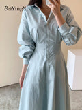 yipinpay Women's Shirts Dresses Slim Korean Chic Fashion Casual Single-breasted Long Midi Dress Office Ladies White OL Vestidos