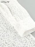 Yipinpay Elegant Women Lace Jacquard Shirts Oversize White Lapel Perspective Sunwear Blouses And Tops Casual Ladies Vacation