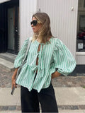 Yipinpay Lace Up Striped Shirts Women 2024 Spring Summer Chic Elegant O-neck Loose Long Sleeve Shirts Female Casual Strret Tops