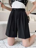 yipinpay Women High Waist Wide Leg Shorts Pants Loose Elegant Office Ladies Suit Shorts Solid Color Pockets Black Slim Pants