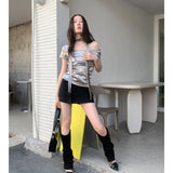 yipinpay Shirt For Women Silvery Short Sleeve Solid Personalized Trend Chic Vintage Fashion Summer 2023 Clothing Versatile Y2K Tops