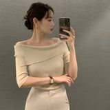 Yipinpay Shirts for Women Slim One Shoulder Half Sleeve T Shirt Women Thin Ice Silk White Top Short Sleeve Black Knitted Tshirt