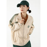 yipinpay Women Apricot Stripe Outwear Sweatshirt Embroidery Fashion Hip Hop Leisure Loose Winter New Cardigan Long Sleeves Coat Tops