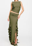 Yipinpay Fashion Women Summer 2 Pieces Outfits Solid Color Crew Neck Sleeveless Tank Tops Ruffles Slit Long Skirts Set Street Style