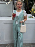 Yipinpay Stripe Print Long Pants Sets For Women 2024 Summer Chic Lace Up Vest Wide Leg Pants 2 Pieces Sets Lady Beach Street Suit