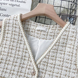 Yipinpay Women New Autumn Tweed Elegant Vintag Vest V-neck Sleeveless Slim Pockets Waistcoat Ladies Fashion Womens Short Small Vest