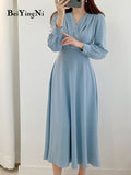 Yipinpay Women V-neck High Waist Dress Solid Elegant Luxury Long Midi A Line Dress Female Kpop Style Retro Ladies Vestidos
