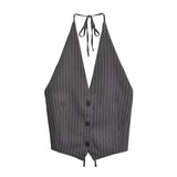 Yipinpay New 2024 Women Sexy Backless Halter V Neck Striped Vest Female Fashion Waistcoat Chic Crop Top